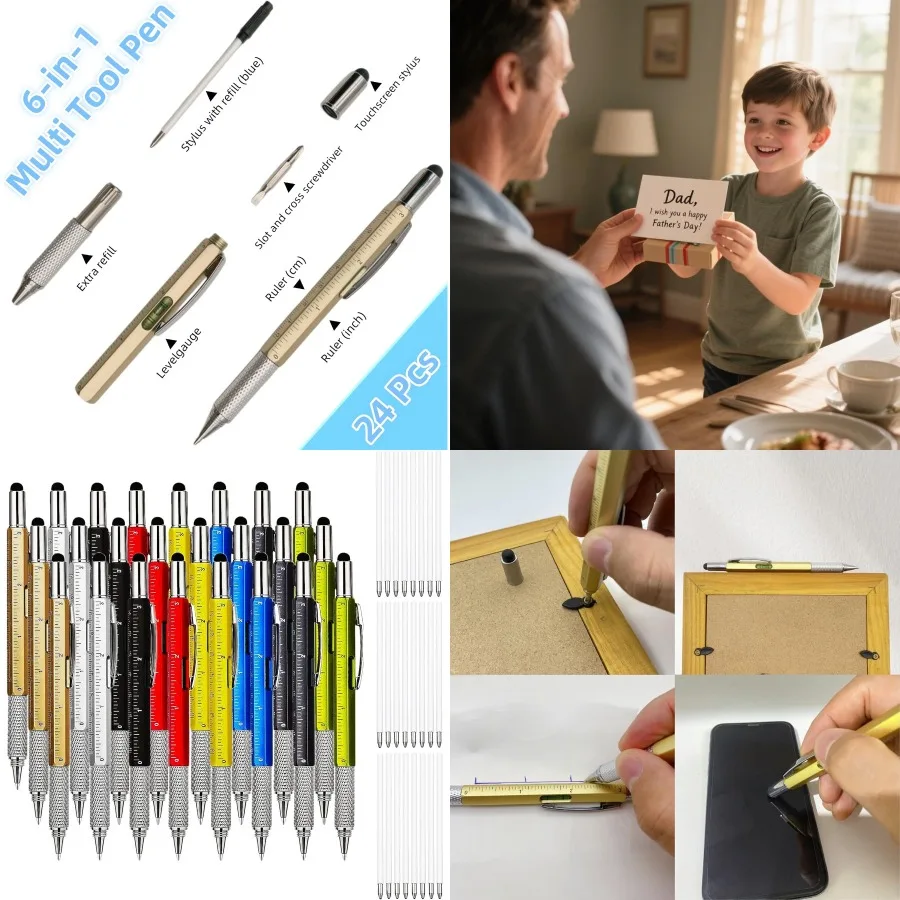 

24 шт. Мультитул 6 в 1, ручка для мужчин, практичное офисное и наружное использование, компактный многофункциональный инструмент для письма с 24 синими заменами