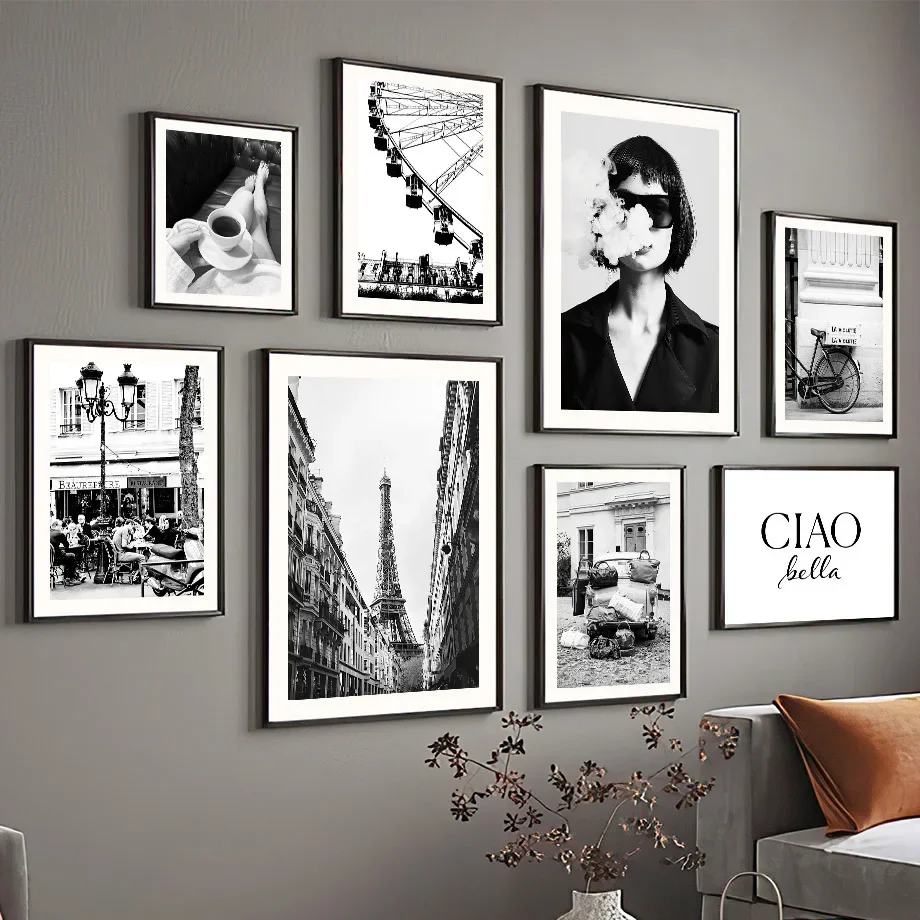 Paris Towel Ferris Wheel Cafe Fashion Girl Wall Art Canvas Painting Black White Living Room Poster Print Home Decor Wall Picture