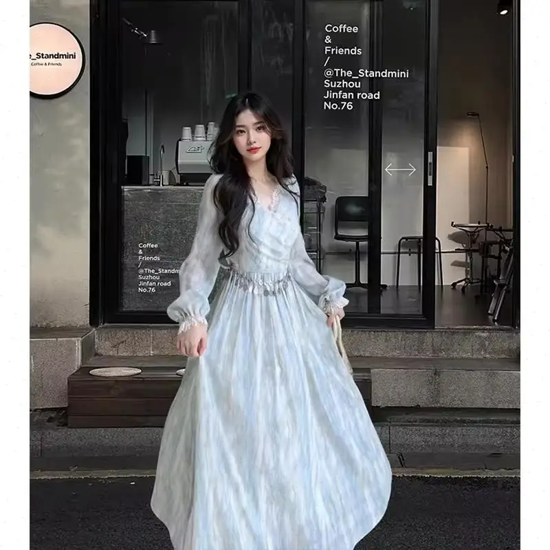 Women Dress Ankle Length Dresses Lace Spliced Vestidos Autumn Long Sleeve Loose Fit Slight Strech Basics Casual High Waist