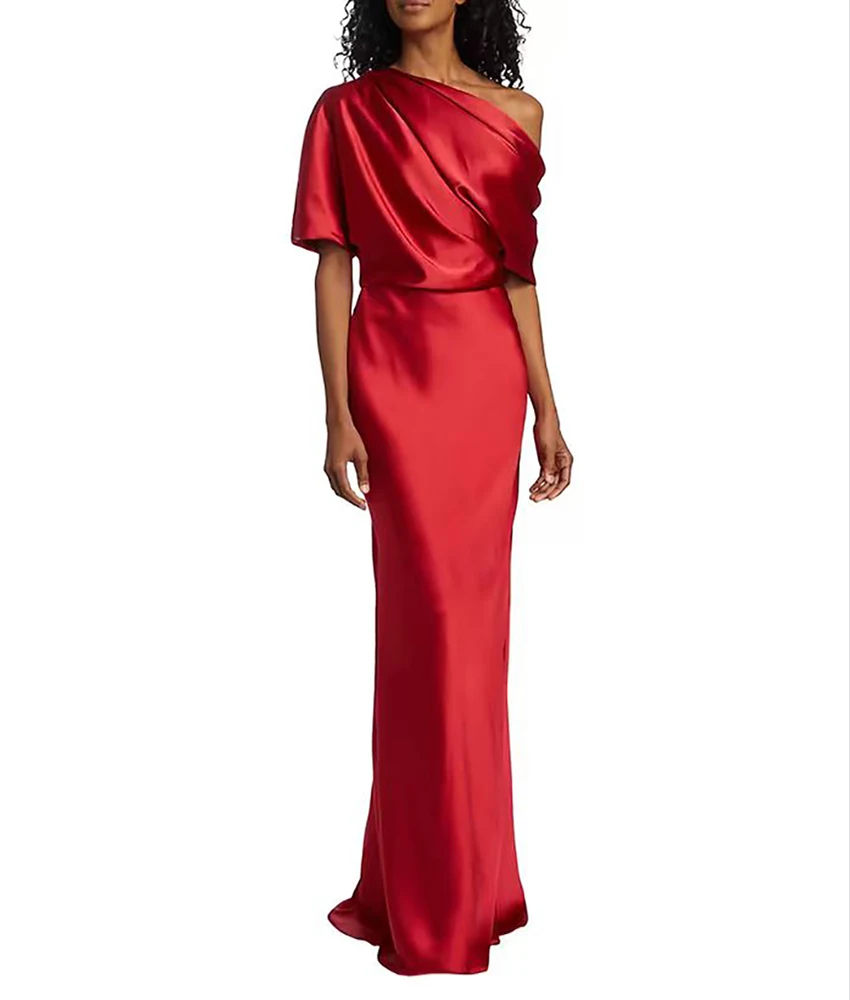 

Customized Graceful Satin Mermaid One Shoulder Evening Dress Temperament Half Sleeves Floor Length prom dresses Custom Size