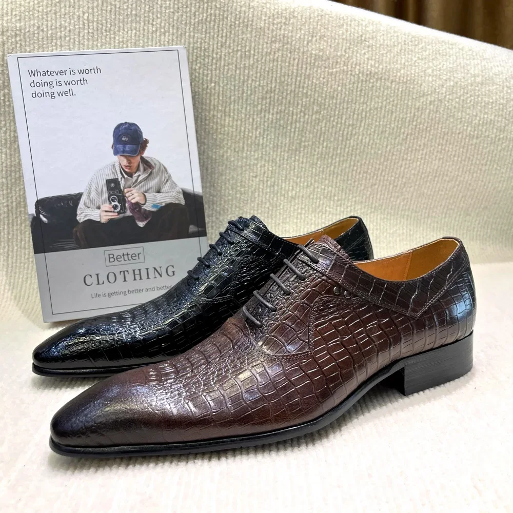 Italian Luxury Men's Pointed Toe Oxford Shoes Black Coffee Leather Lace-Up Dress Shoes for Wedding Office Business Formal Wear
