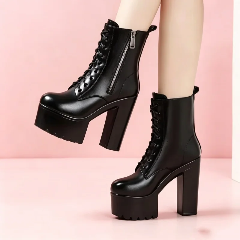 14cm Small Size 32-43 Fashion Genuien Leather Boots Fall 2026 Block High Heels Shoes Chunky Platform Short Ankle Boots Model