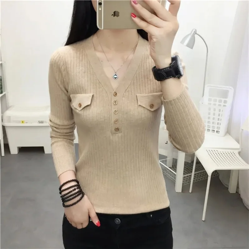 

V-neck Loose Short Knit Pullover Women Sweater long-sleeve Thin Sweater 2023 Spring Autumn Fashion Femmes Casual Tops Female