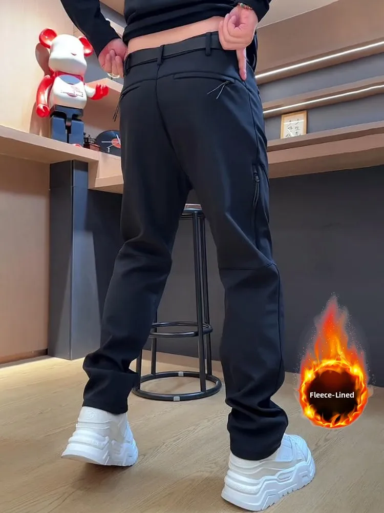 

Outdoor Men's Fce Lined Straight Leg Pants Winter Casual Trousers Multiple kets Windproof Hiking Trousers Loose Fit