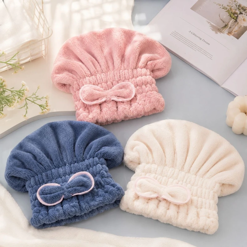 Household Bow Dry Hair Cap for Women Quick Drying Coral Fleece Cute Shower Cap Super Thick Toe Cap Dry Hair Towel