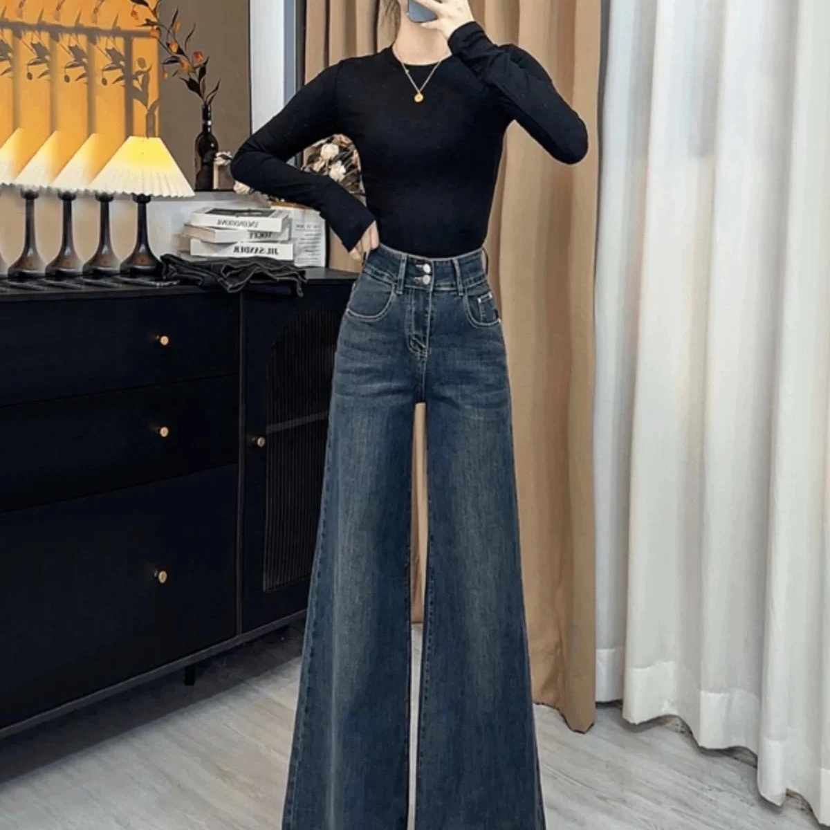 جينز نسائي Y2k جينز ريترو واسع الساق عالي الخصر فضفاض مناسب لشتاء 2025 تصميم جديد طويل القامة بنطلون متعدد الاستخدامات بطول الأرض