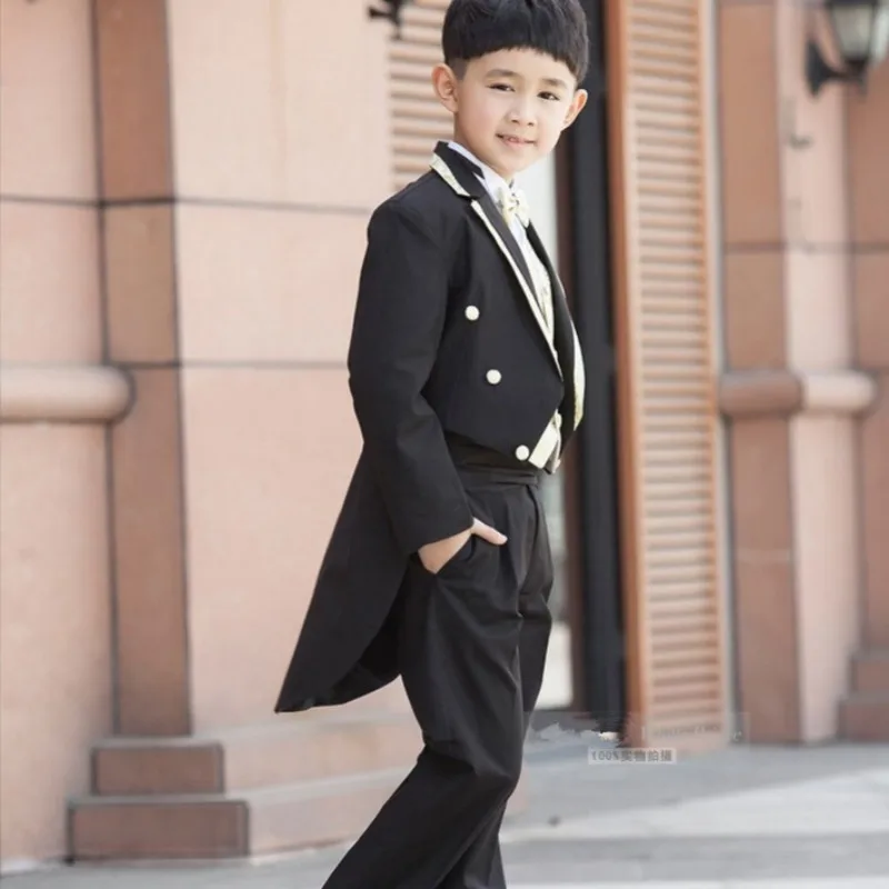 New Children Black Tuxedo Set Costume Birthday Fashion Casual Formal Boy Wedding Suits Blazers 5PCS Set F1016