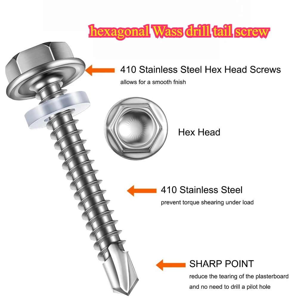 160pcs Hexagonal Wass Drill Tail Screw 410 Stainless Steel Hexagonal Wass Self-tapping Drill Tail Screws Box GBT/15856.4-2002