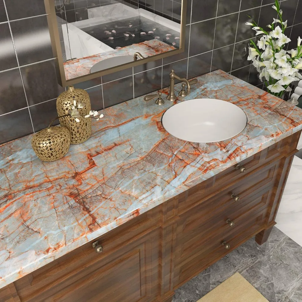 ورق اتصال قابل للتقشير واللصق من الرخام الفيروزي مقاوم للماء لأسطح الكونترتوب والحمامات، ورق جدران لاصق عريض 24 × 394