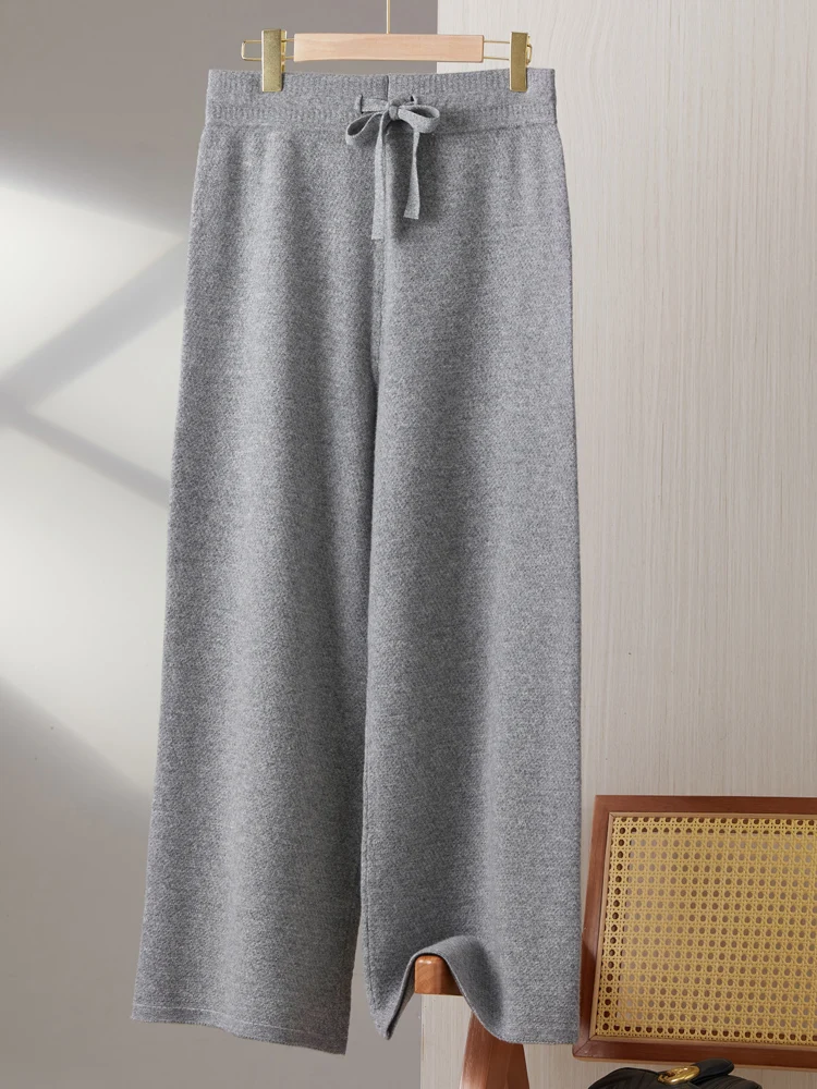 100% Australian Merino Wool Wide leg Pants Ladies High Waist Thick Loose Trousers Casual Knitted Straight Pant New Autumn Winter