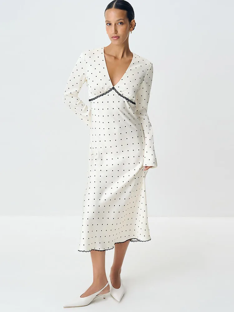 Oniflyme Abito lungo da donna in raso con scollo a V sexy con stampa a pois Abito lungo da donna con patchwork bianco a maniche lunghe in pizzo sottile ed elegante