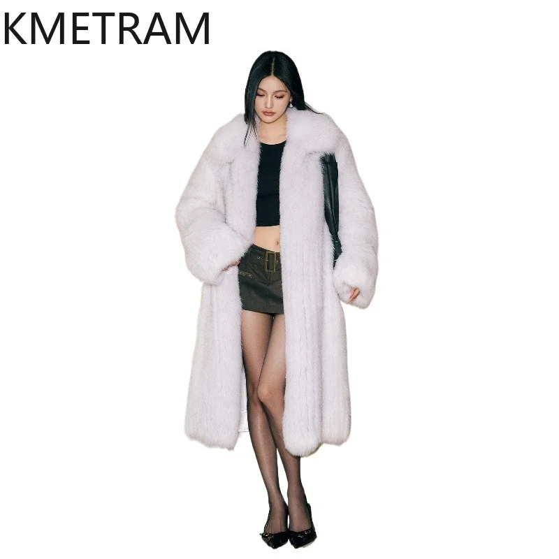 KMETRAM Real Finnish Blue Fox Back Fur Coat Woman Winter Long Woven Coats Fashion Loose Fur Jacket Women Clothes 108cm 2026 шуба