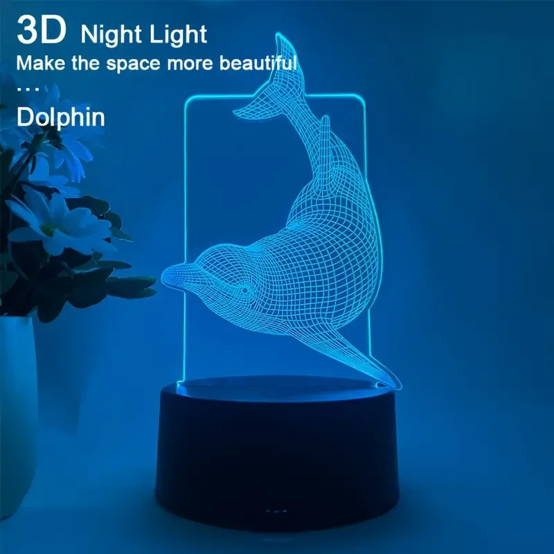 1pc Dolphin 3D Night Light, 3D Optical Illusion Lamp With Touch, 7-Color Changing Ambient Light For Bedroom