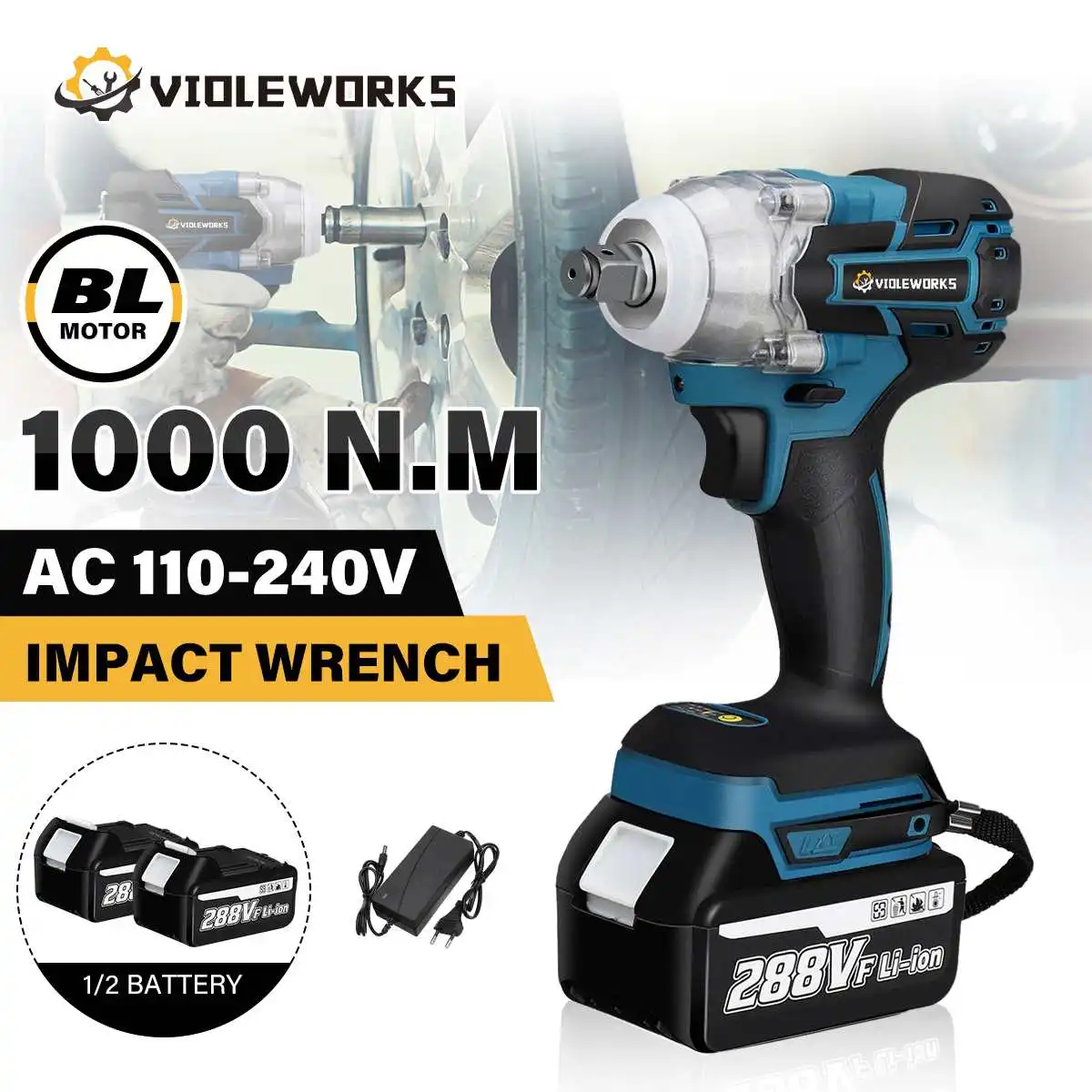 

288VF 1000 N.M Torque Brushless Electric Impact Wrench 1/2 In With 22800mAh Lithium-Ion Battery 6200rpm For Makita 18V Battery