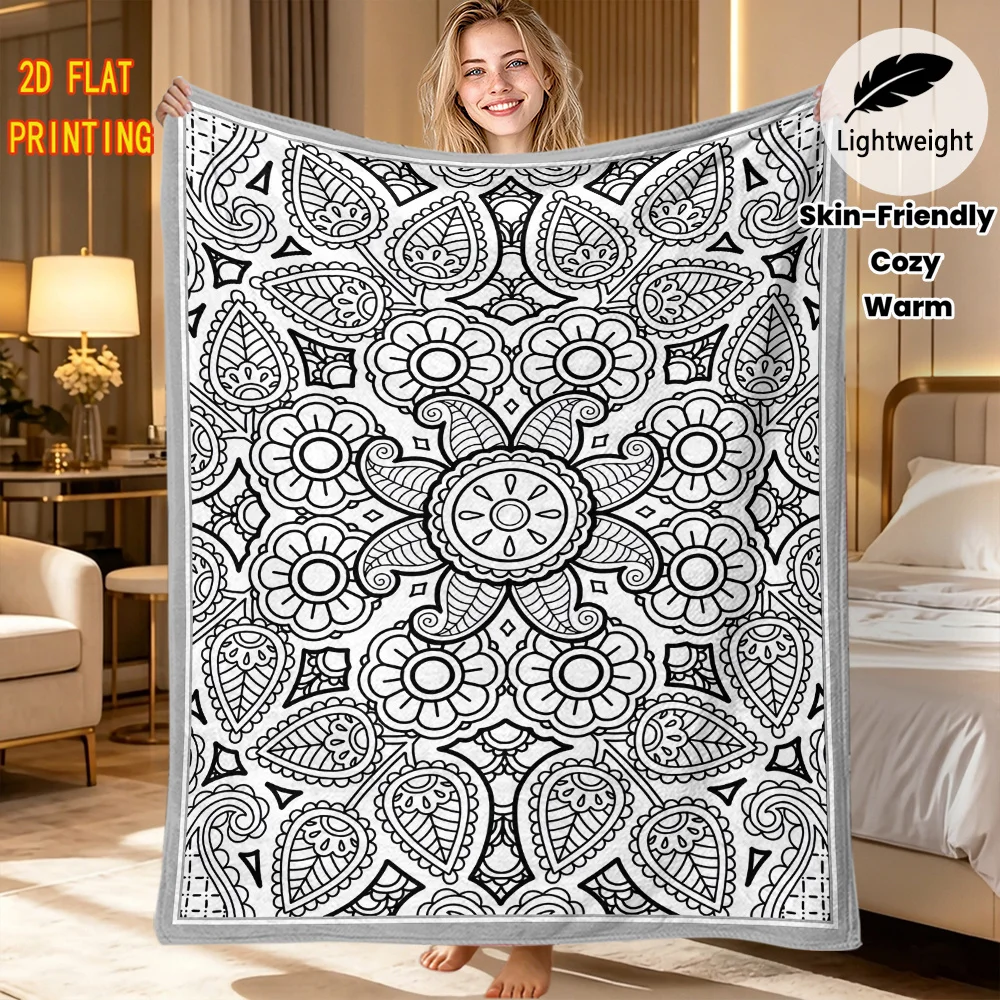 Ethnic Mandala Pattern DIY Blanket Coloring Throw Blanket Cozy Warm Flannel Blanket For Bedroom Couch Leisure Painting Decor