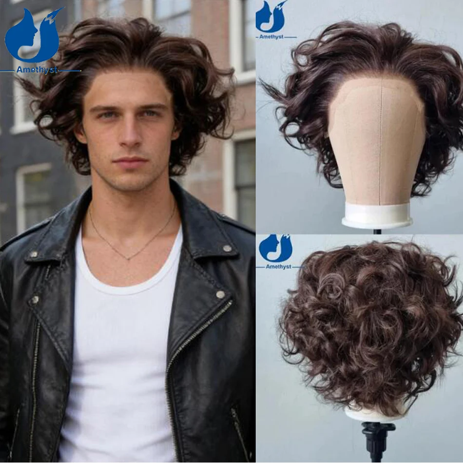 

Цвет аметиста # 3 коричневых вьющихся коротких боб, парик из натуральных волос для мужчин, 13x6, кружевной фронтальный, предварительно выщипанный, с стрижкой пикси, Remy, мужской парик из волос