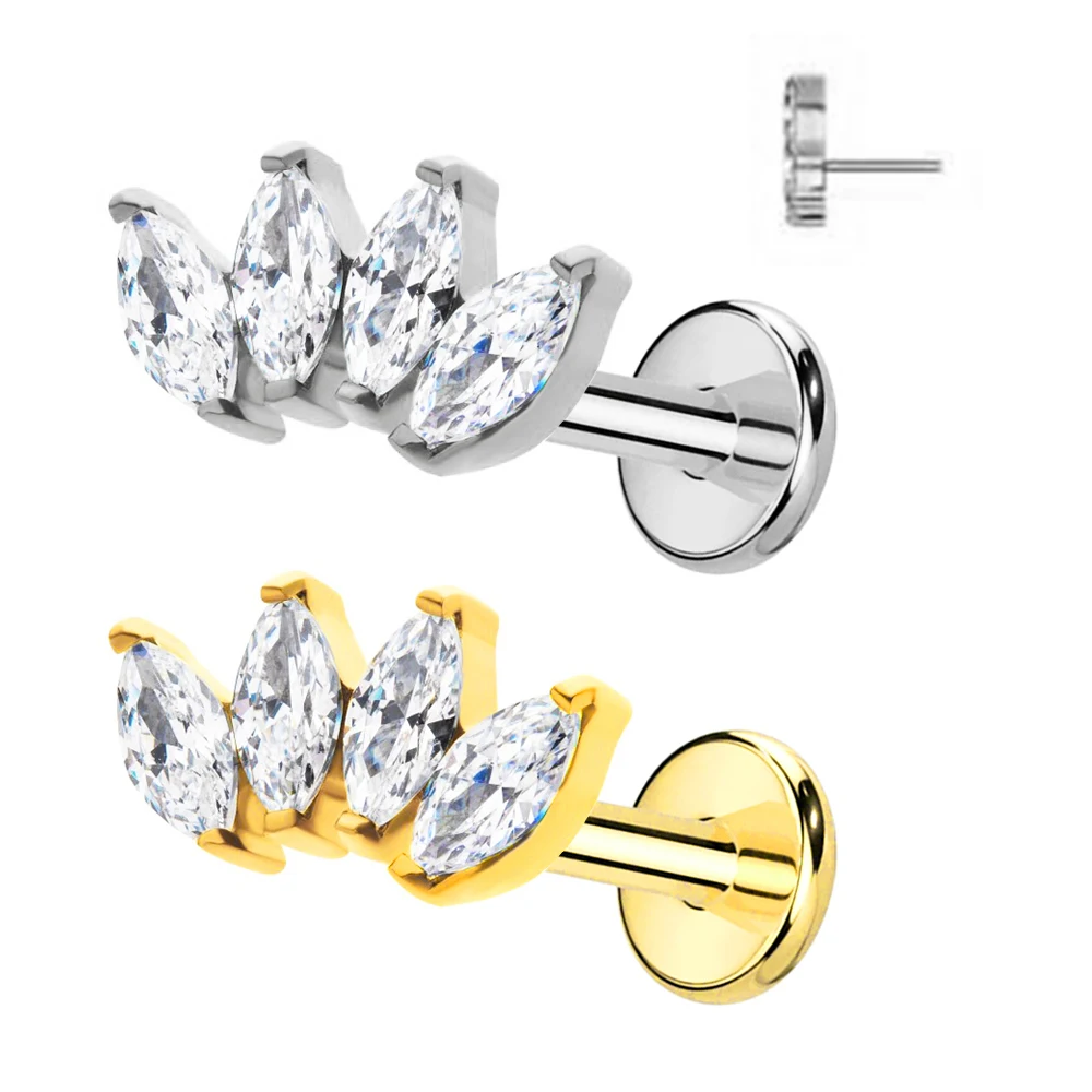 

316 Stainlesss Steel Threadless Push In 4 Marquise CZ Fan Top Labret Lip Piercing 16G 18G 20G Tragus Stud Earring Body Jewelry