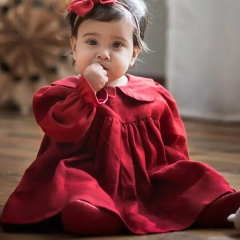 New Arrival Fall Winter One-piece Dress for Child Girl Baby Girls Red Corduroy Princess Dresses Toddlers 1st Birthday Partywears