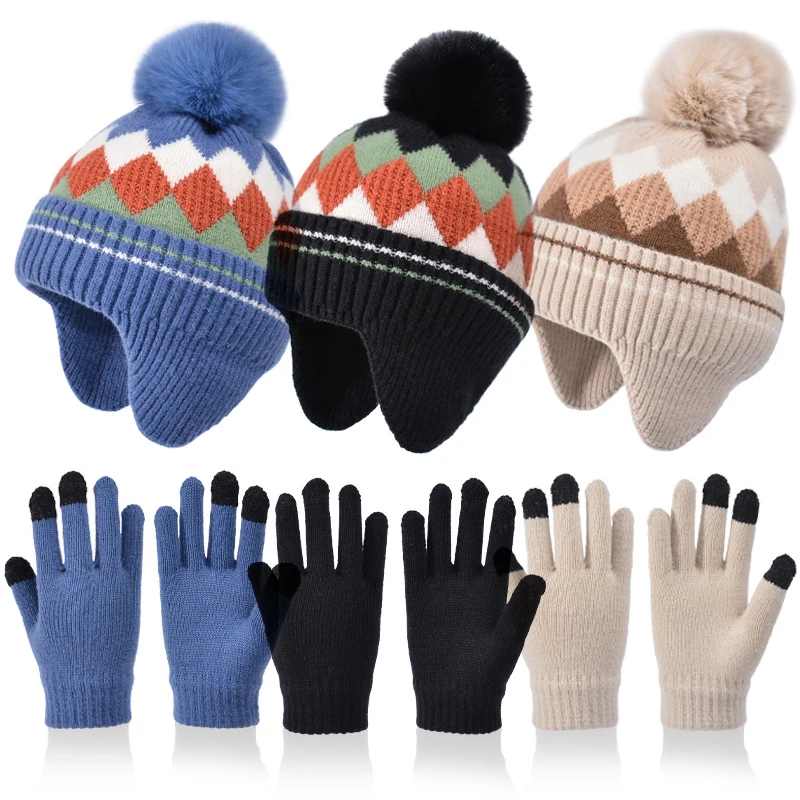 

2Pcs Kids Hats Gloves Colorful Diamond Knitted Woolen Hat Cute Fur Ball Ear Protection Caps Children Outdoor Warm Supplies 2024
