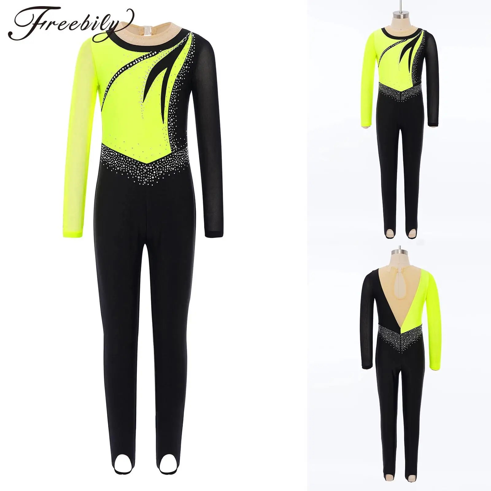 

Kid Girls Gymnastics Performance Costume Mesh Patchwork Long Sleeves Dance Jumpsuit Artistic Skating Tights Leotardo Gymnastique