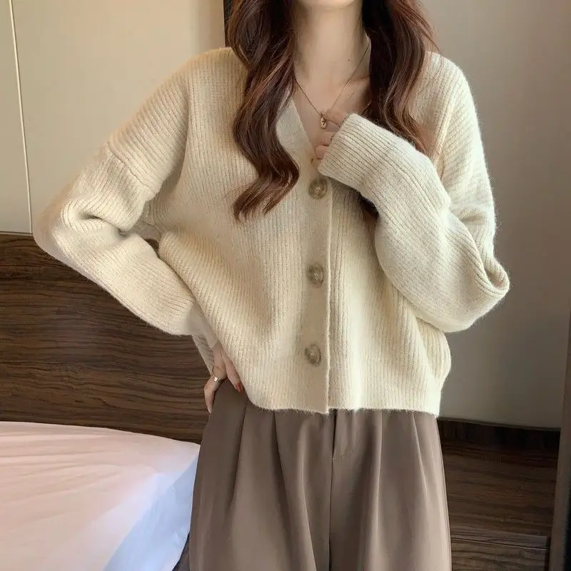 Korean Spring and Autumn 2023 New V-Neck Loose Slouchy Knitwear Long Sleeve Sweater Cardigan Women\'s Top Coat