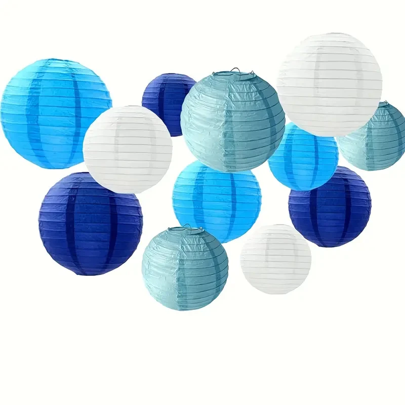 12-Piece/Set Round Paper Lantern Set, Blue-Toned Round Paper Lanterns in Dark Blue, Sky Blue, Light Blue, and White, Suitable for Winter, New Year, Birthdays, Wedding Decorations, 11.81inch Paper Lanterns, 9.84inch Paper Lanterns, 7.87inch Paper Lanterns, 5.91inch Paper Lanterns, Easy to Hang, Suitable for All Ages, Used to Enhance the Festive Atmosphere, Party Hanging Decoration Set