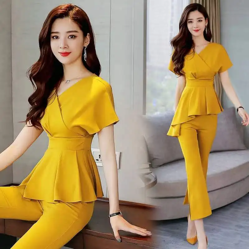 

Casual Elegant Fashion Solid Folds Pant Sets Summer 2026 V-Neck Short Sleeve Top Elastic Waist Full Length Pants Slim Women Sets