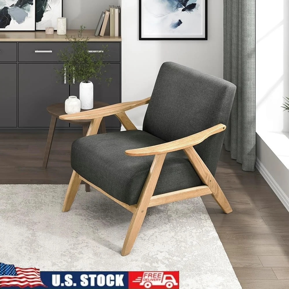 

Mid Century Modern Accent Chair Solid Wood Frame Textured Fabric Living Room Lounge Thick Cushioned Armchair Easy Assembly