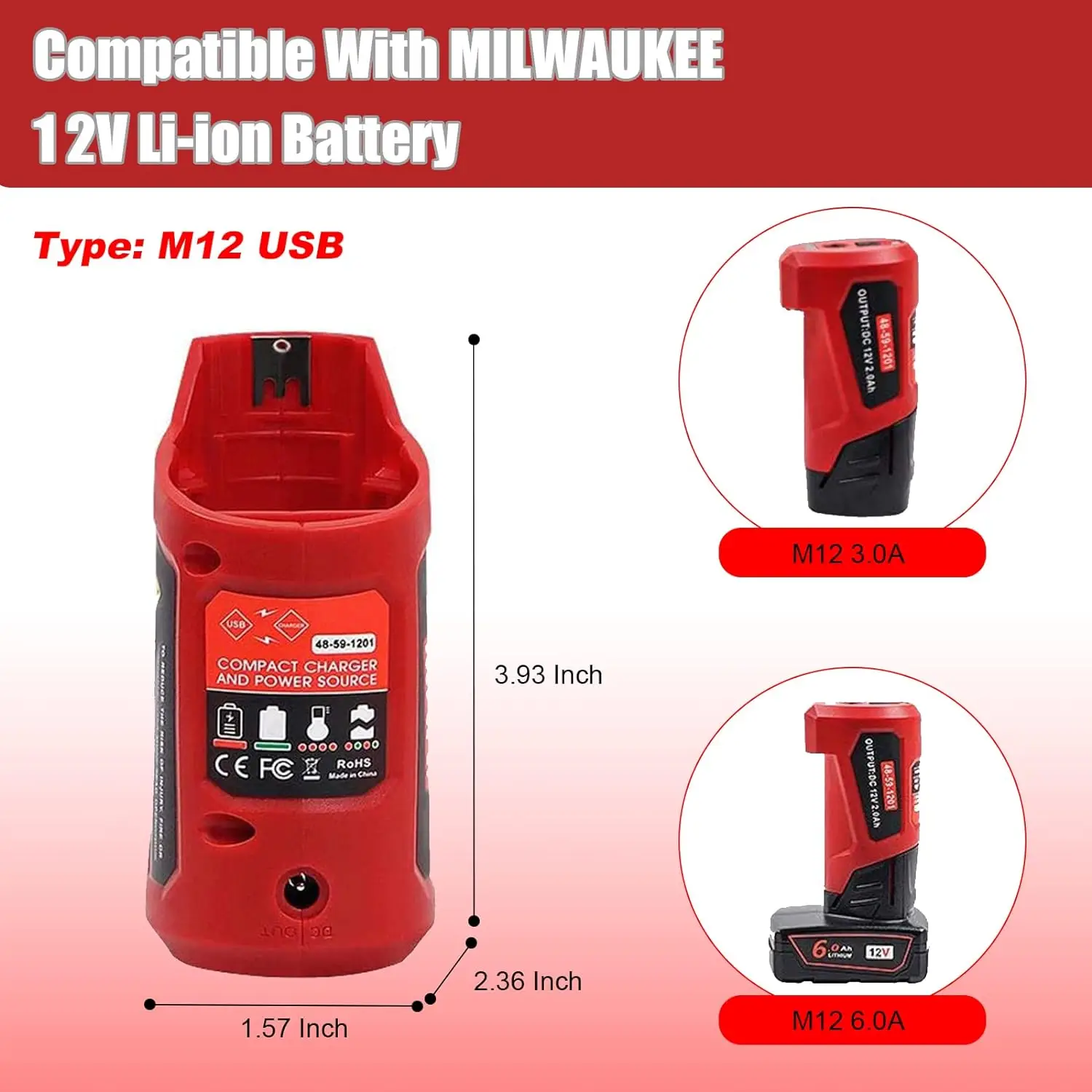 M12 Battery Adapter for Milwaukee with USB Port Power Tool Compatible with 12V Li-ion Battery