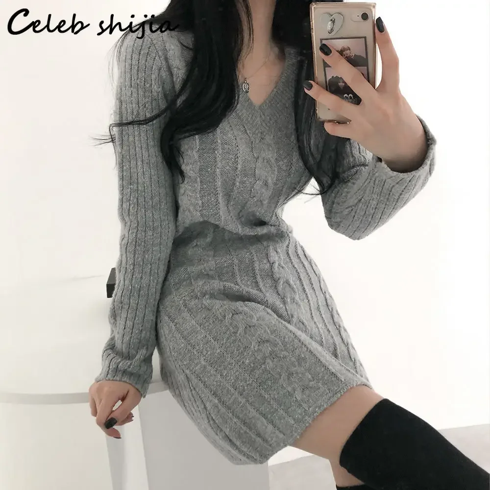 Gray Sweater Dress Women Autumn Winter V-neck Twist Woolen Dress Female Long-sleeve Elegant Korean Chic Knitted Clothing