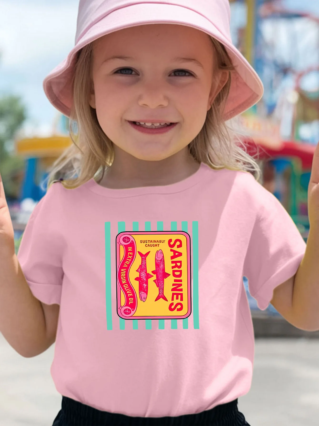 Retro Sardines Fish Label Print Kids Tee Boys Girls Family Match Cotton Crew Neck Short Sleeve Soft Summer Casual Kid Wear