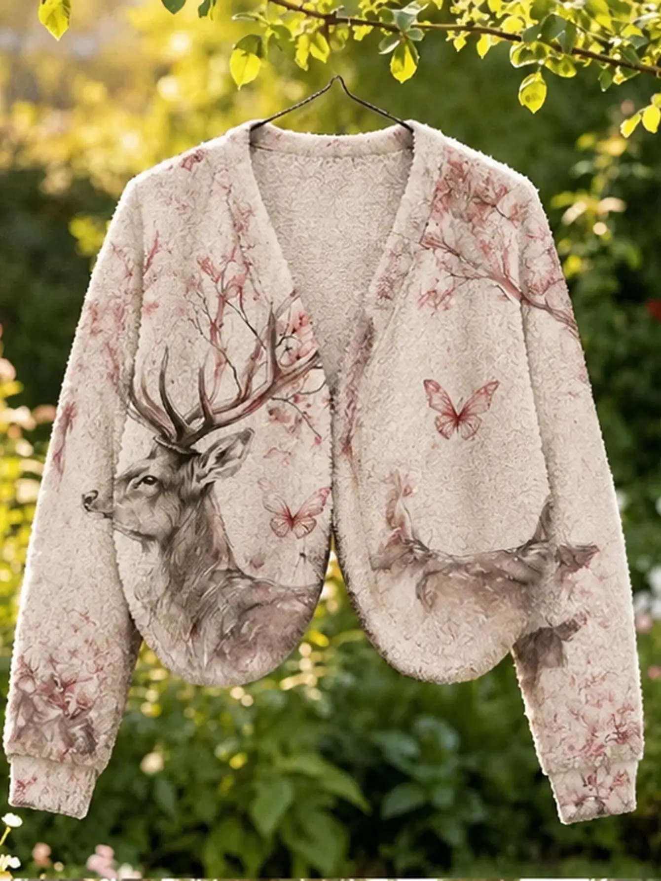 Women Plus Size Deer Butterfly Floral Print Sherpa Fleece Crop Cardigan V Neck Long Sleeve Open Front Warm Outerwear