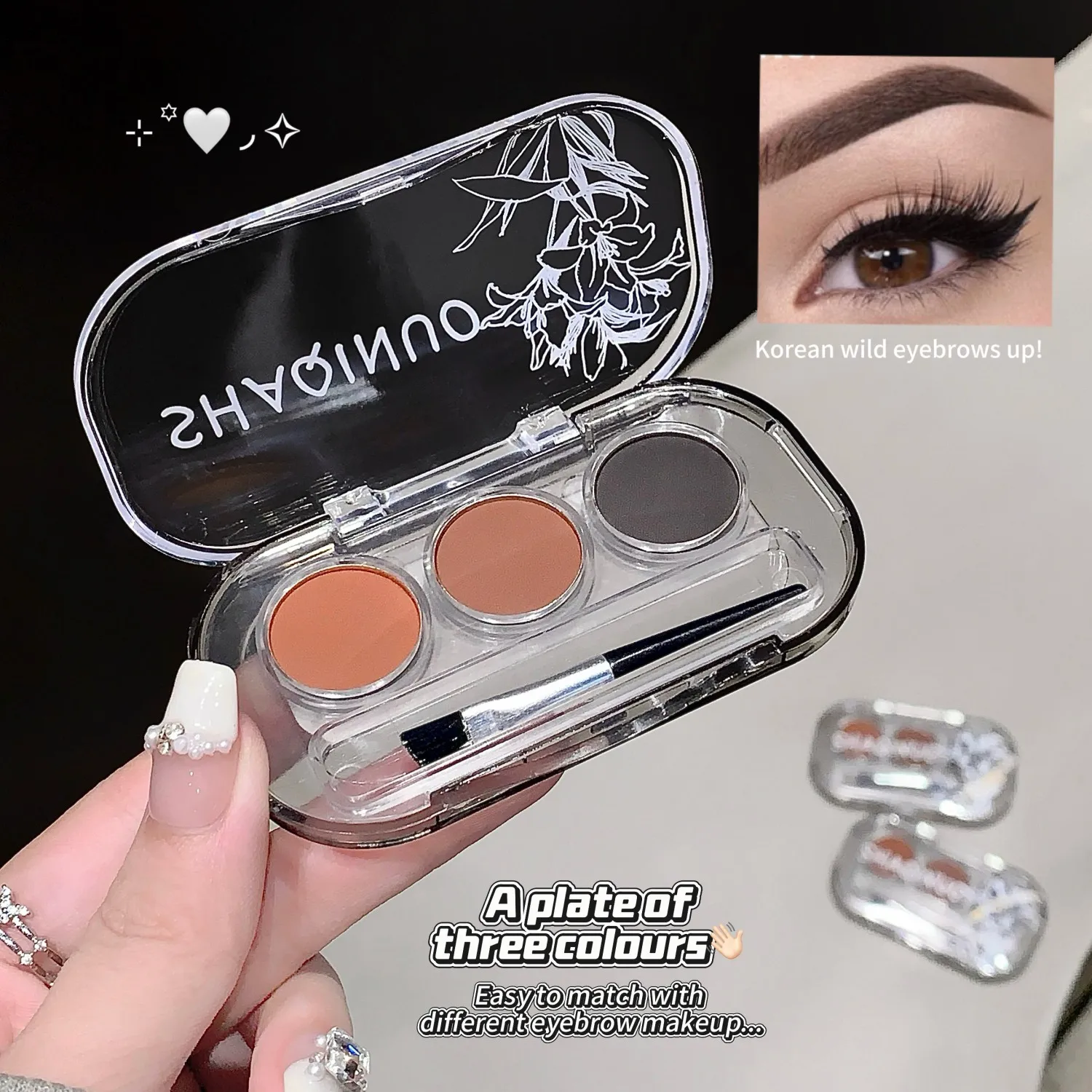 فرشاة SHAQINUO مكونة من 3 ألوان + رذاذ ناعم من حجر الحبر بثلاثة ألوان مسحوق حواجب مقاوم للماء ومقاوم للعرق وغير يتلاشى #5