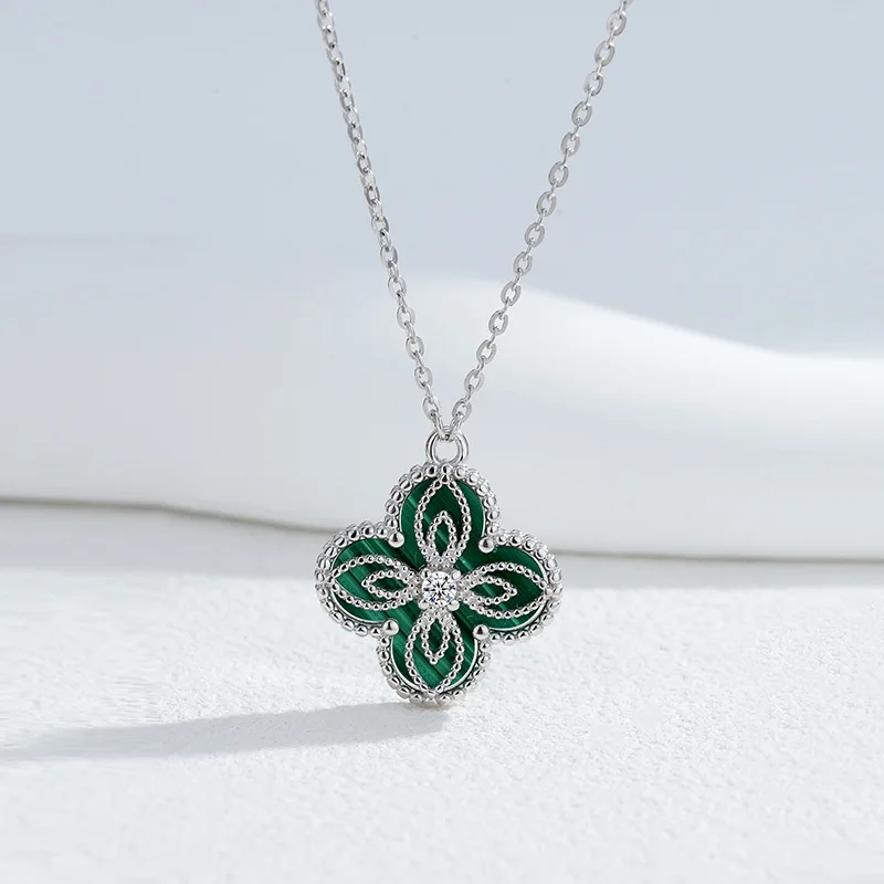 

Lucky four-leaf clover necklace female S925 sterling silver light luxury senior sense of natural malachite with diamond pendant