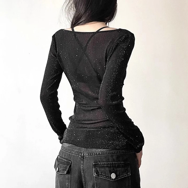 Herbst Neue Amerikanische Heiße Mädchen V-ausschnitt Bodenbildung Shirt Leicht Transparent Mesh Top Langarm Frauen