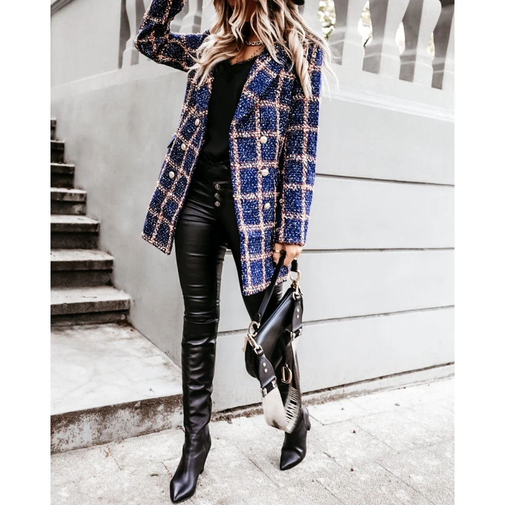 Women Plaid Tweed Double Breasted Nothched Collar Coats Femme Elegant Autumn Winter Outwear Clothing