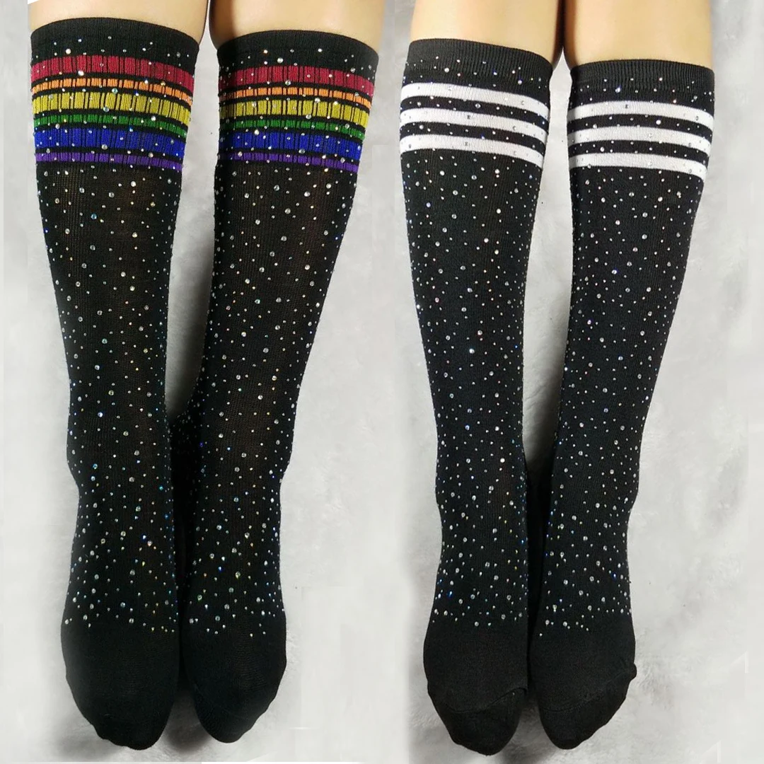 Japanese Harajuku Cotton Stripe Sexy Rhinestone Socks Women Stockings Bling Diamond Hiphop Breathable High Tube Crew Socks