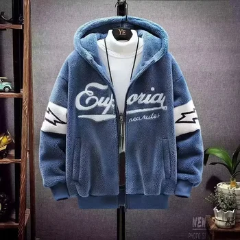 แจ็กเก็ตมีฮู้ดสำหรับผู้ชาย, MODE Korea เสื้อแจ็คเก็ตมีฮู้ดสไตล์สตรีทแวร์ฮาราจูกุเสื้อแจ็คเก็ตขนแกะ2023ฤดูใบไม้ร่วงฤดูหนาว