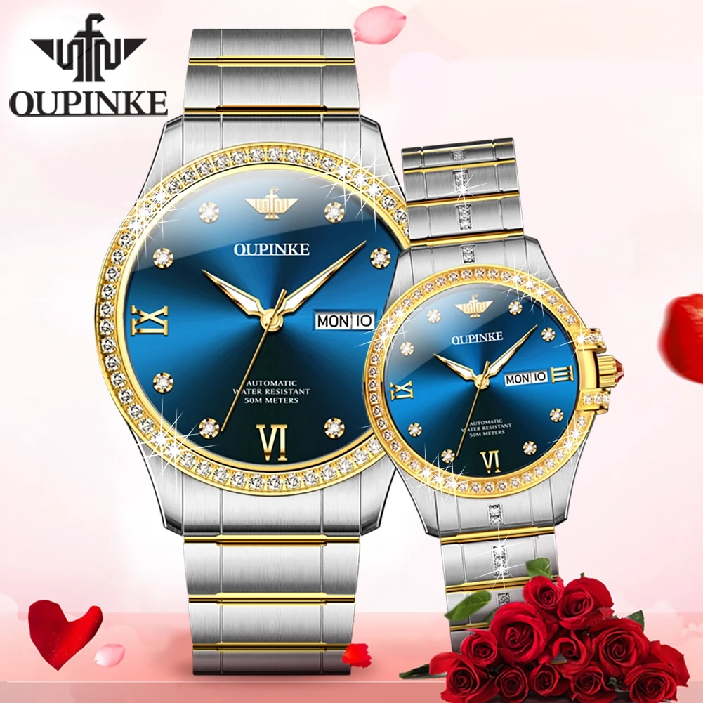 OUPINKE Coppia orologi Top Brand di lusso Moda Orologio da polso meccanico automatico originale Acciaio pregiato Specchio zaffiro impermeabile