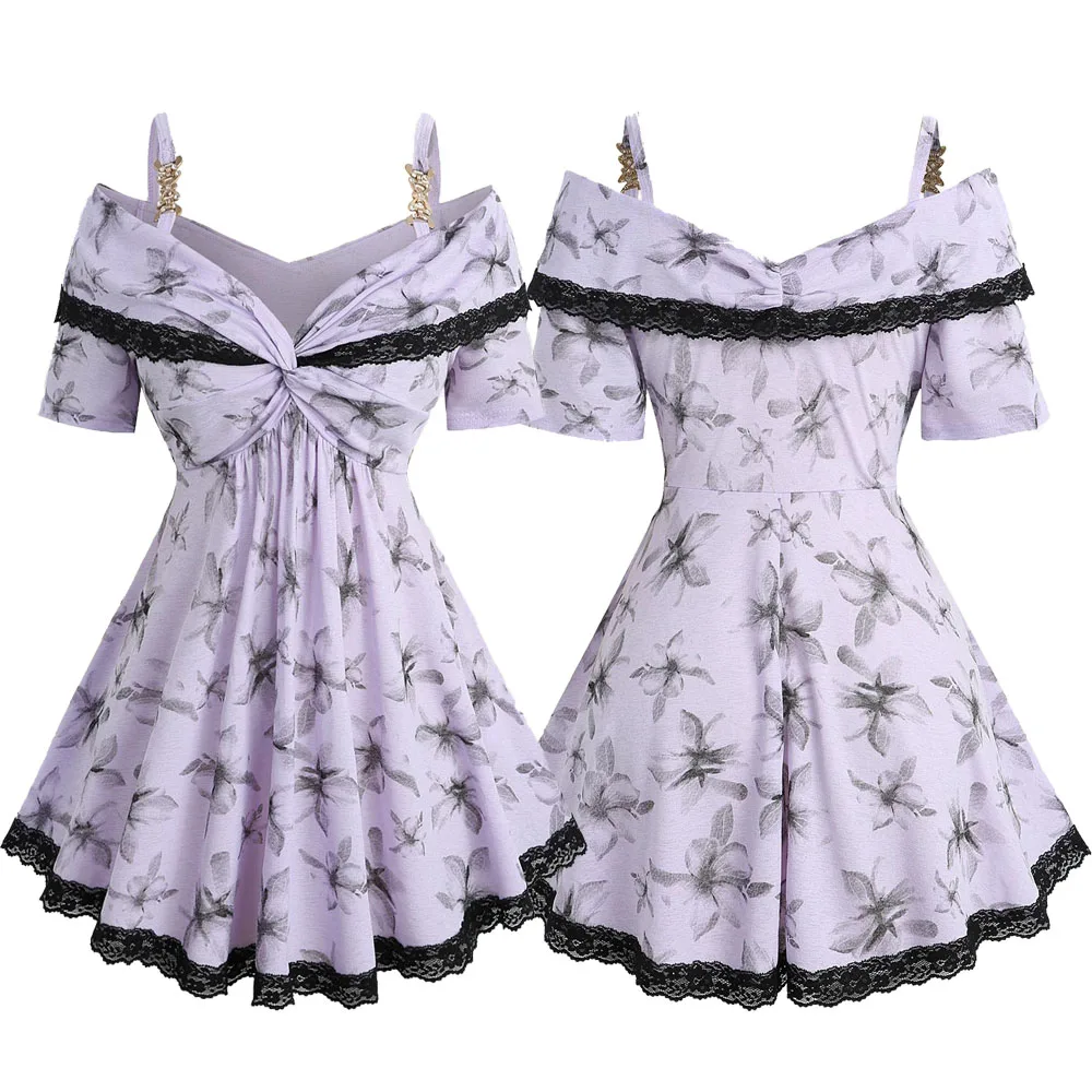 

ROSRGAL Plus Size Women's T-Shirts Purple Floral Print Twist Convertible Collar Lace Trim Tops Casual Cold Shoulder Blouses