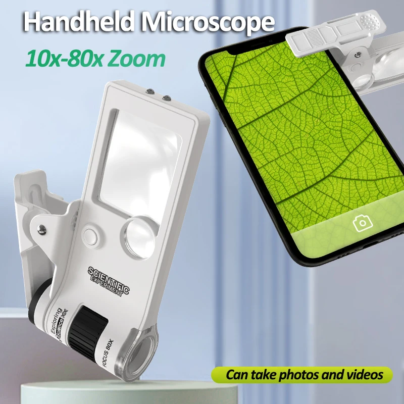 Handheld Microscope LED Lighted Portable Microscope Magnifying 10x-80x Zoom Small Magnifying Glass with for Reading Identifying