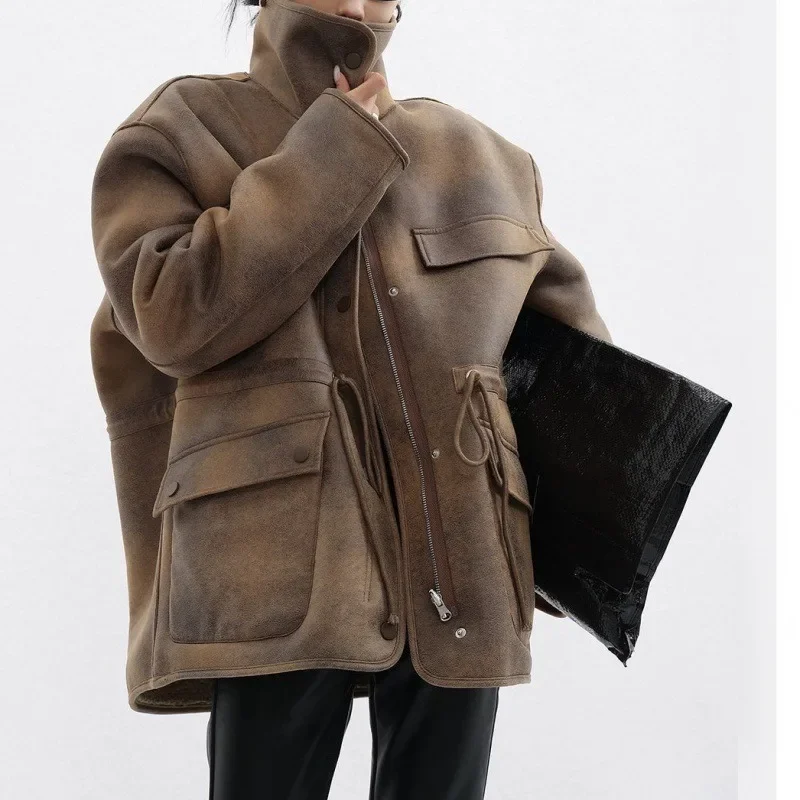 

Женские куртки, толстая теплая однотонная замшевая двусторонняя куртка, мотоциклетное пальто, свободное женское пальто, зима-осень 20л.