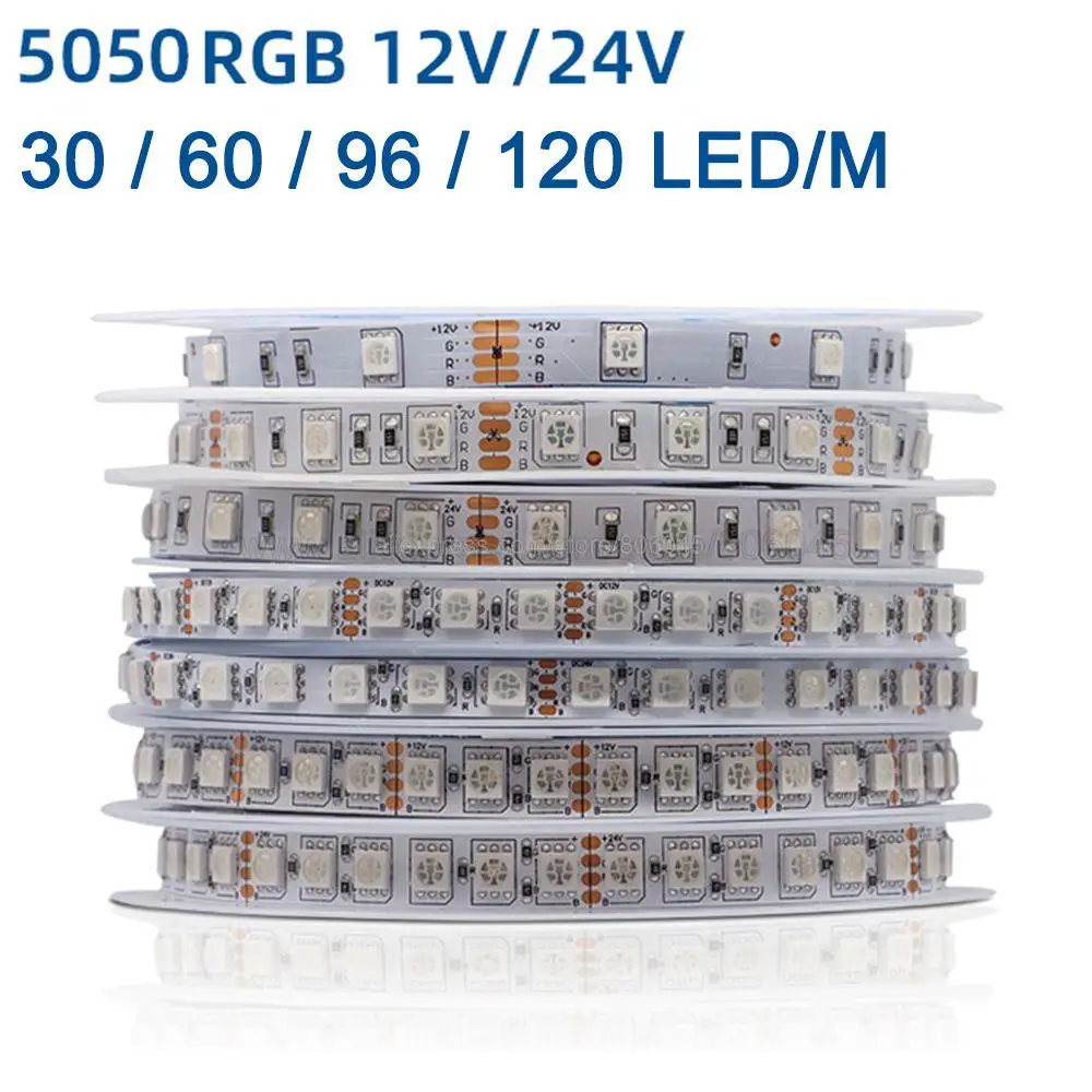 

12V 24VDC 5m 5050 RGB LED Strip 30LED/m 60LED/m 96LED/m 120LED/m SMD Flexible LED Light Tape 8mm 10mm PCB IP20 65 for Decoration