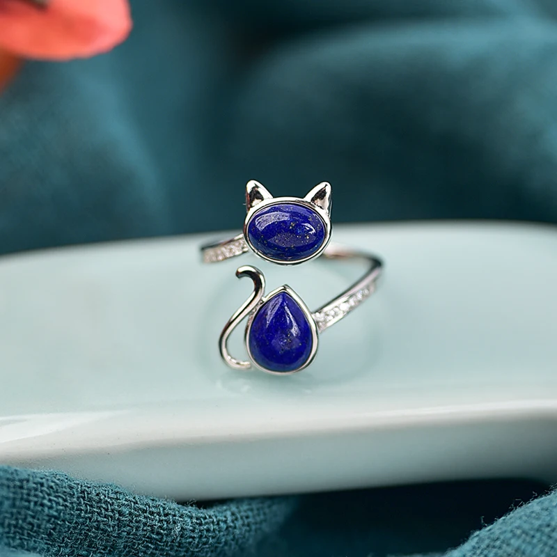 True 925 Sterling Silver Natural Lapis lazuli Ring Vintage Cute Fox Cat Ladies Exquisite Jewelry Free Delivery