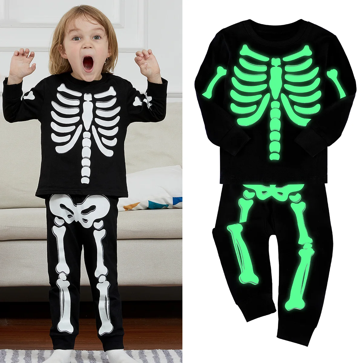 Costume da scheletro per bambini Pigiama luminoso con teschio di Halloween per bambini Abiti spaventosi con osso fantasma Costume da carnevale per