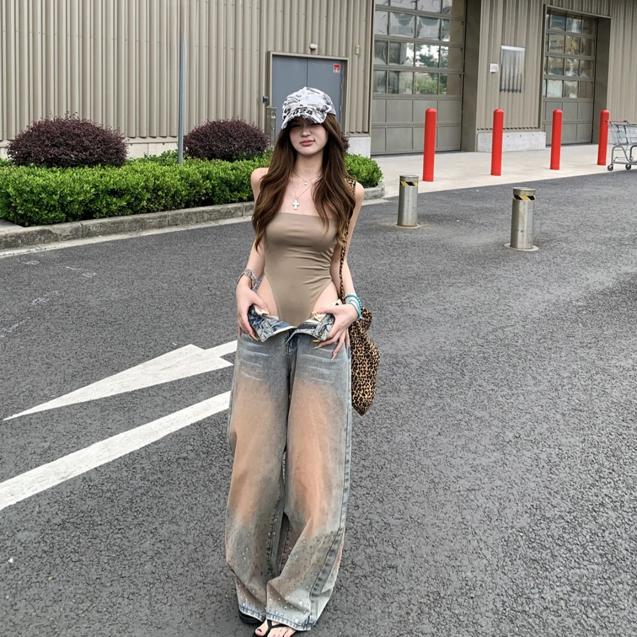 

Sexy Hollow out Slim Fit Women's Top Summer Trendy Loose Wide Leg Jeans Casual High Waist Long Pants Korean Style Denim