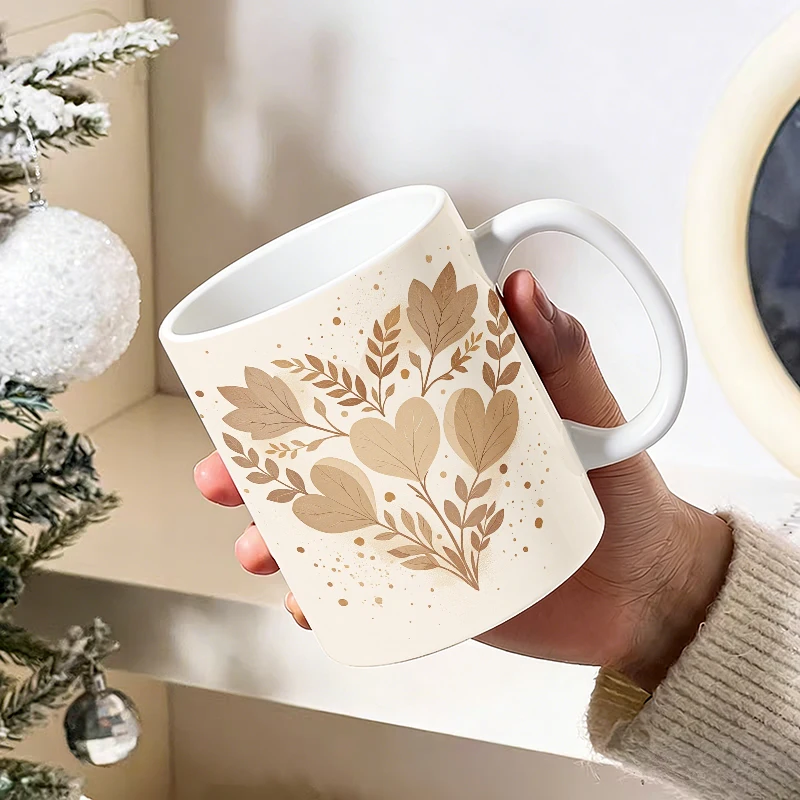 

1pcs Warm Brown Heart Leaf Plant with Handle Ceramic Cup, Creative Coffee Cup, Insulated Milk Cup, Office Tea Cup,Fade-resistant