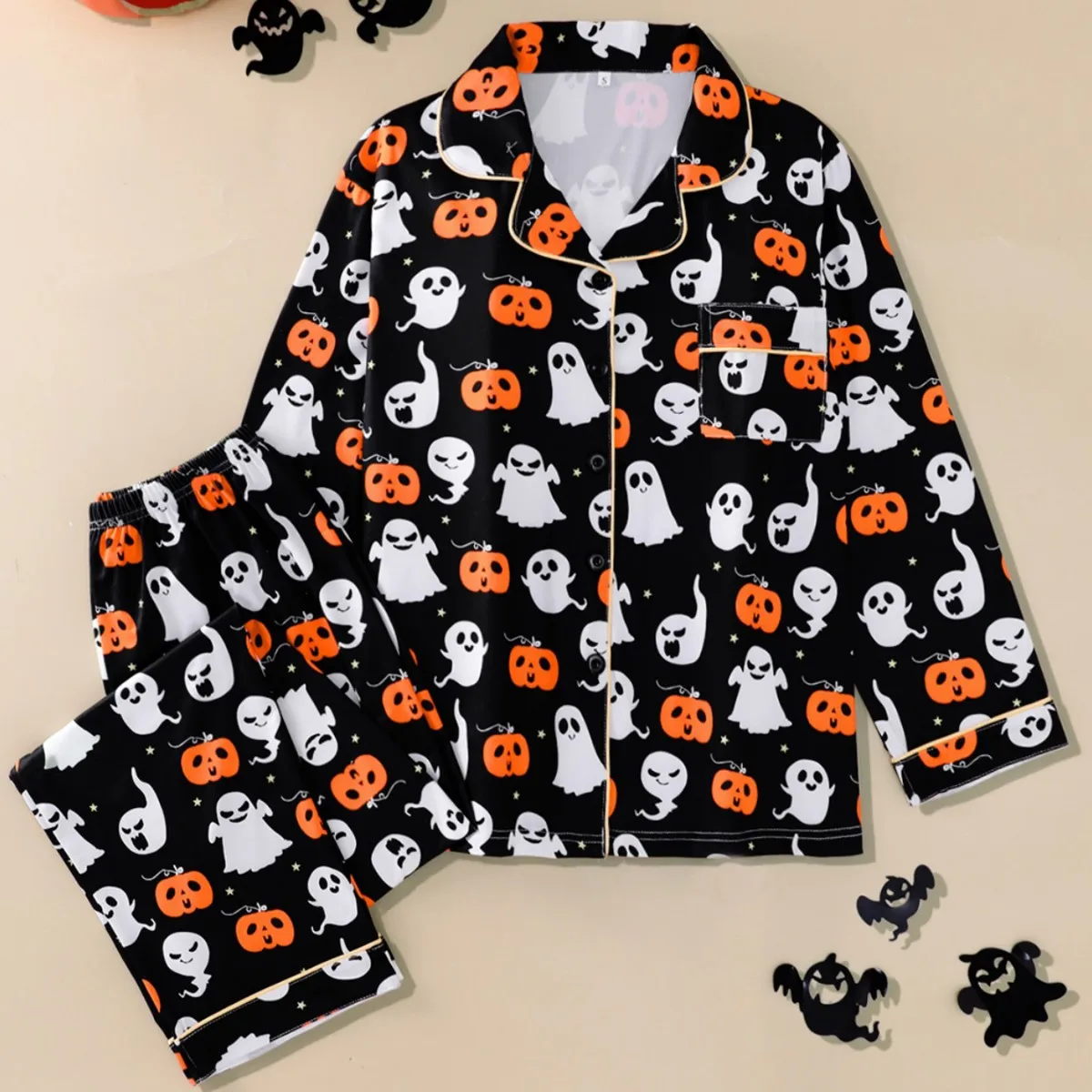 

2026 Halloween Women's Long Sleeve & Pants Pajama Set, Casual Lapel Loose Loungewear for Spring and Autumn