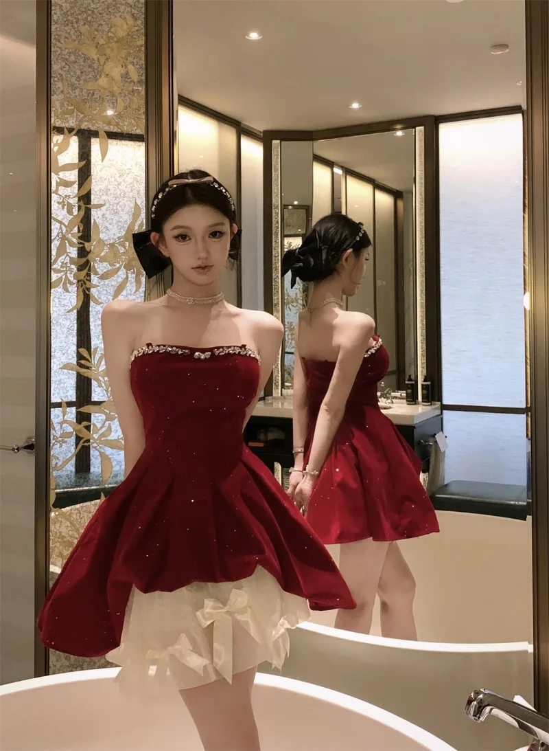 Retro Diamond Velvet Short Strapless Dress Women's Clothes A-line Slim Elegant Party Dress Bow Mesh Skirt Fashion Female Clothes