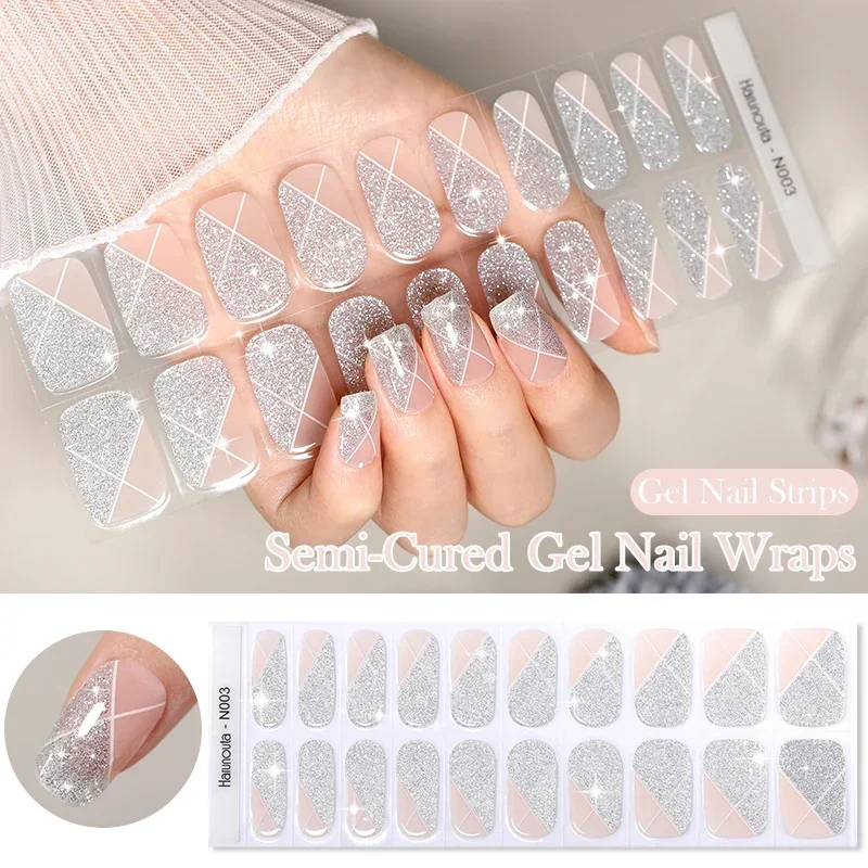 20Tips Glitter Lines Semi-Cured Gel Nail Sticker Patch UV Lamp Need Long Lasting Shining Full Cover Gel Nail Cream Decals Strips